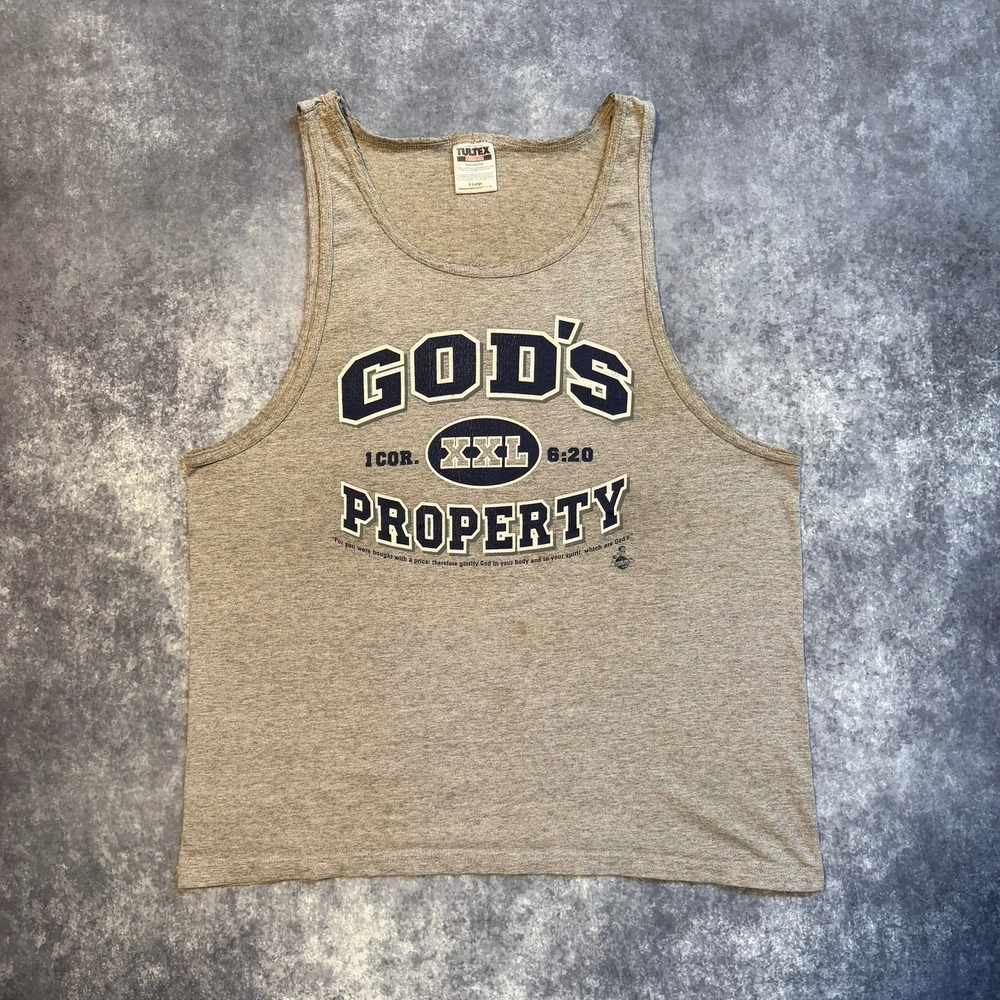 Vintage Tultex Gods Property 1 Cor 6:20 Christian Tank Top Mens‎ XL Gray Heather